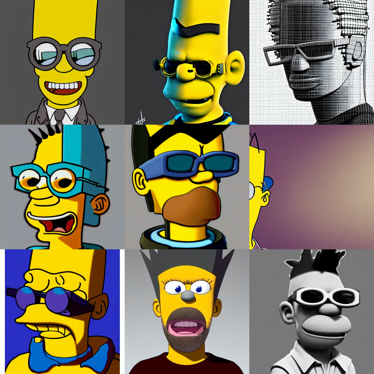 Prompt: 3d cartoon portrait of Bart Simpsons with sunglasses and mohawk, looking at camera, intricate, dystopian, sci-fi, extremely detailed, cartoon, artstation