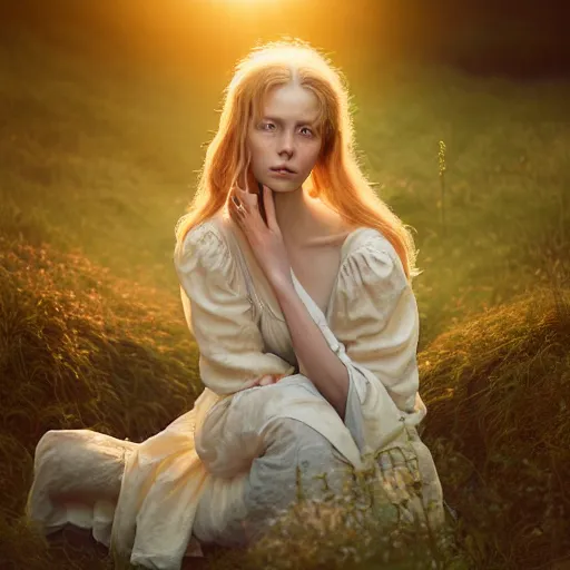 Prompt: photographic portrait of a stunningly beautiful english herbalist renaissance female in soft dreamy light at sunset, beside the river, soft focus, contemporary fashion shoot, hasselblad nikon, in a denis villeneuve and tim burton movie, by edward robert hughes, annie leibovitz and steve mccurry, david lazar, jimmy nelsson, extremely detailed, breathtaking, hyperrealistic, perfect face