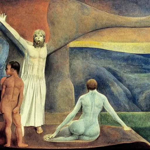 Image similar to real life version of the painting jacob's dream by william blake, live action filmed by wes anderson