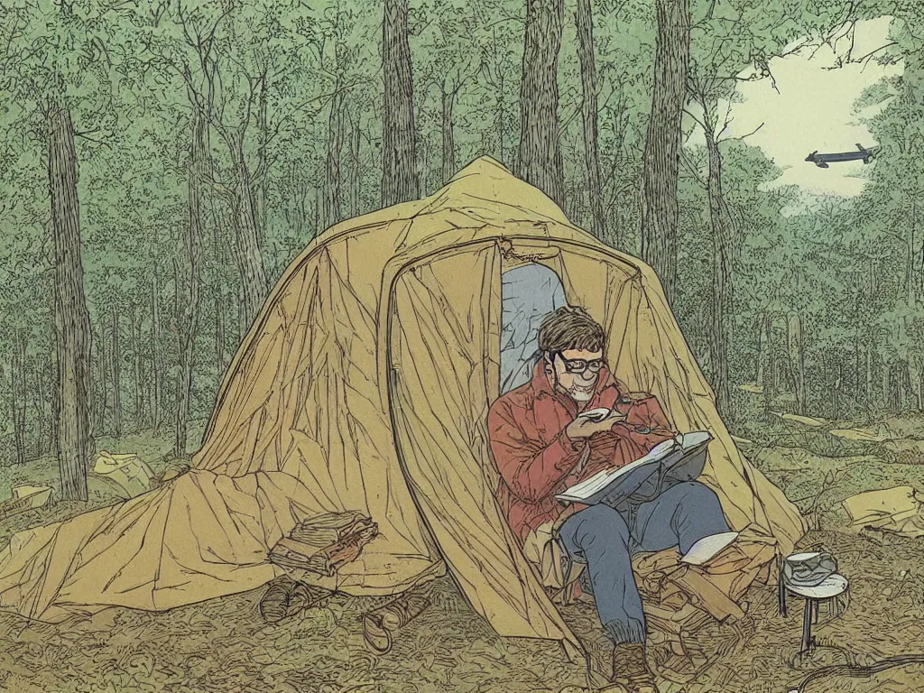 Prompt: man with eye glasses reading in a tent in the forest. plane in the sky far away. artwork by moebius