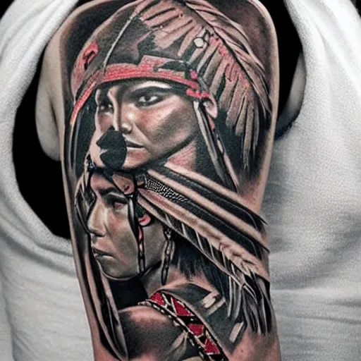 Image similar to tattoo concept of a Native American warrior woman, beautiful, highly detailed