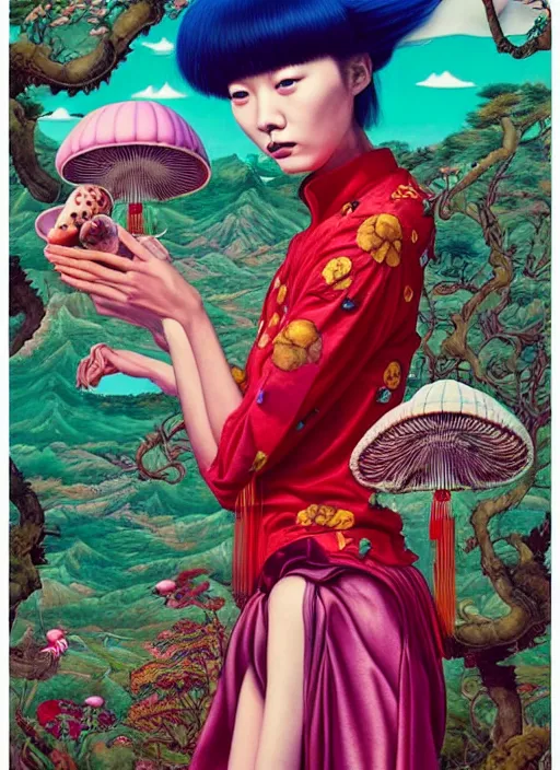 Image similar to pretty chinese model with hallucination mushroom : : by martine johanna and simon stalenhag and chie yoshii and casey weldon and wlop : : ornate, dynamic, particulate, rich colors, intricate, elegant, highly detailed, vogue, harper's bazaar art, fashion magazine, smooth, sharp focus,