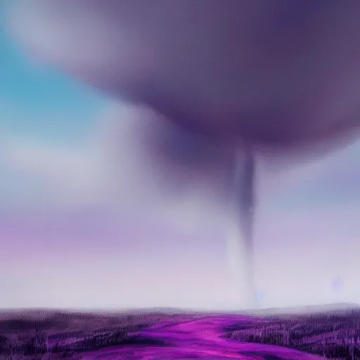 Image similar to a tornado in the distant landscape, hdr, artstation, shuttershock, 4 dimensions purple background