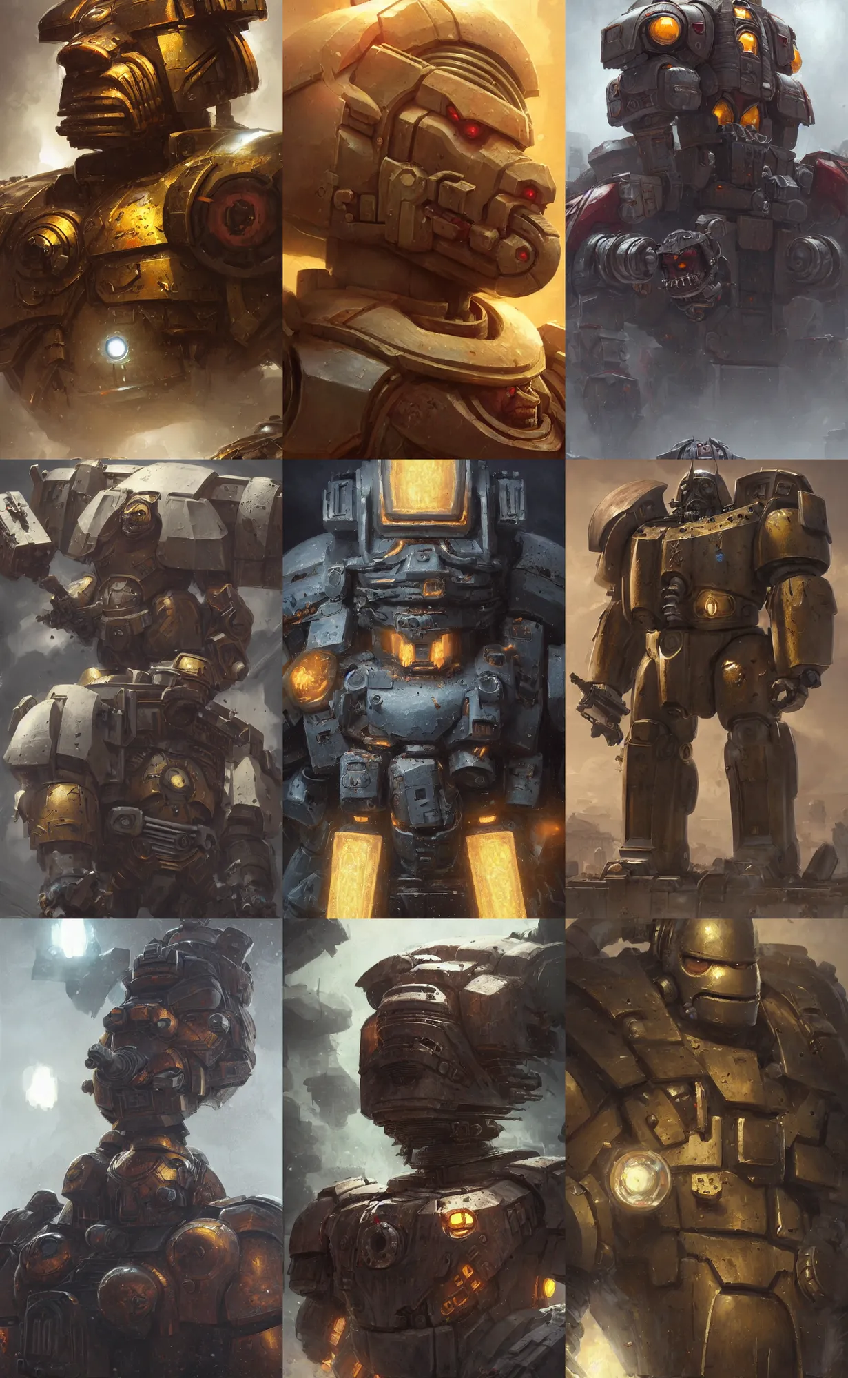 Prompt: portrait of a warhammer 4 0 k dreadnought with the face of homer simpson, concept art, detailed face, highly detailed, cinematic lighting, digital painting by greg rutkowski