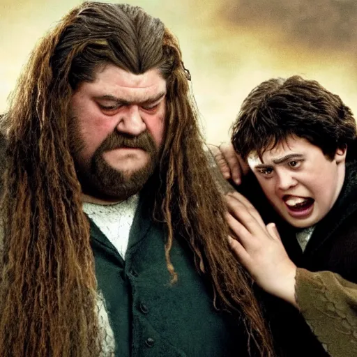 Prompt: hagrid crying over harry potter's lifeless body
