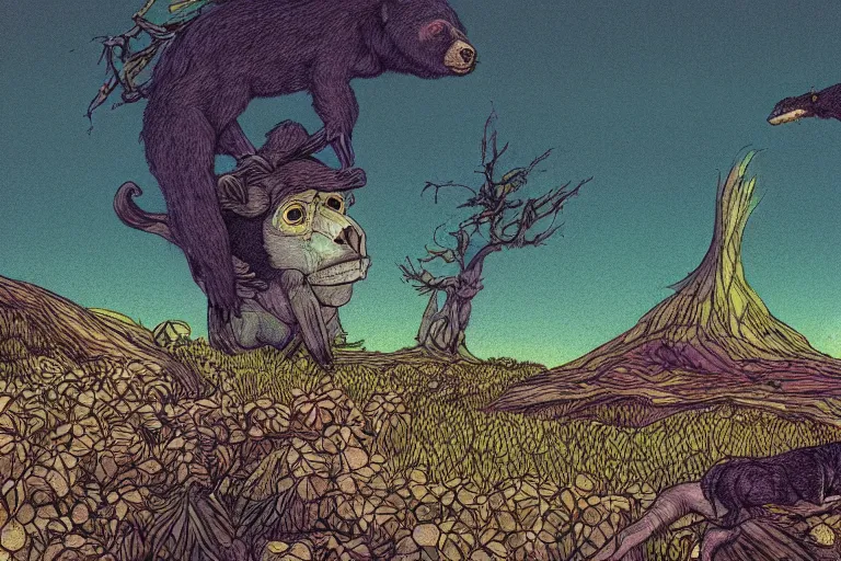 Image similar to prairie of the sun bear, in the style of Greg Broadmore and Arthur Rackham,trending on artstation, light lighting side view,digital art,surrealism ,macro,blueprint ,vaporwave ,