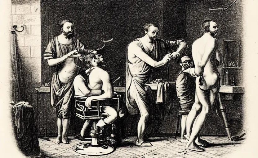 Image similar to a drawing of a man getting a haircut by friedrich schroder - sonnenstern h 8 0 0