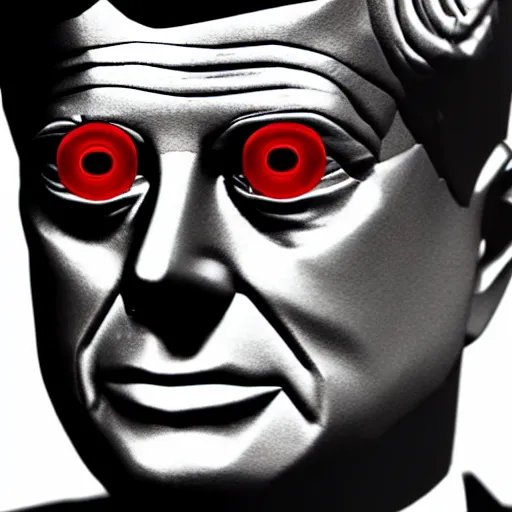 Image similar to jfk with robotic metallic skin and red eyes and an evil grin standing on top of the eye of providence, realistic photography, high detail