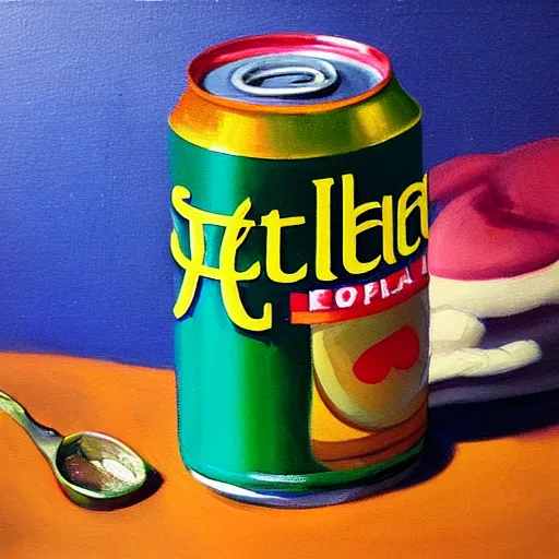 Prompt: realistic painting of a still life with can of stella and happy meal