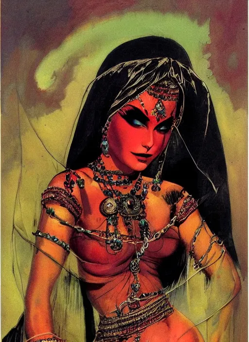 Image similar to female indian vampiress, jeweled veil, heavy mascara, strong line, saturated color, beautiful! coherent! by frank frazetta, high contrast, minimalism