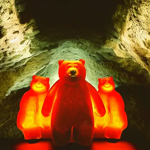 Prompt: a stunning image of a giant gummy bear on a pedestal, many people worshipping, dark cave like surrounding.