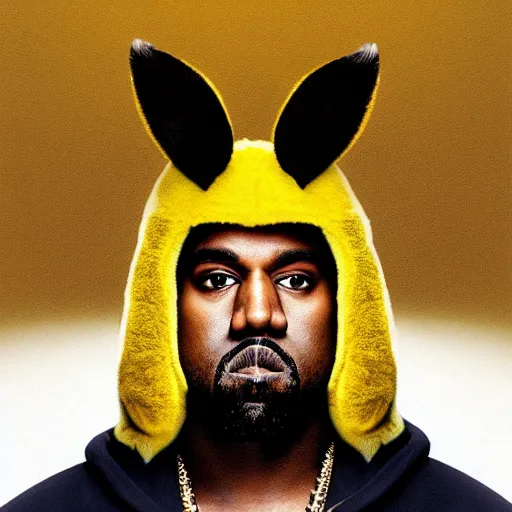 Image similar to Kanye West in a yellow pikachu! hoody, Studio Photograph, portrait C 12.0