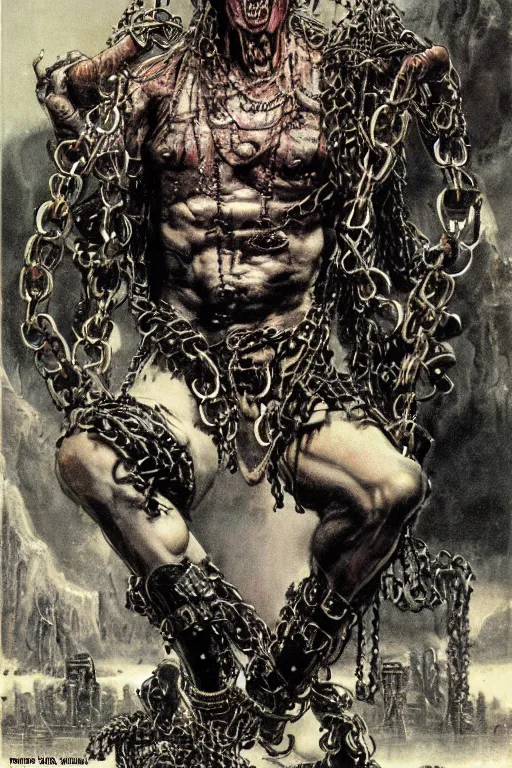 Image similar to michael gross, heavy metal magazine cover, 1 9 8 0 s, intricate leather and chains, atmospheric, realism, horror, grimy, sinister, highly detailed, high octane render, hd, anatomy, symmetrical body, symmetrical face, scary, cracked brick background, in the style of frank frazetta and moebius, peter mohrbacher and john william waterhouse