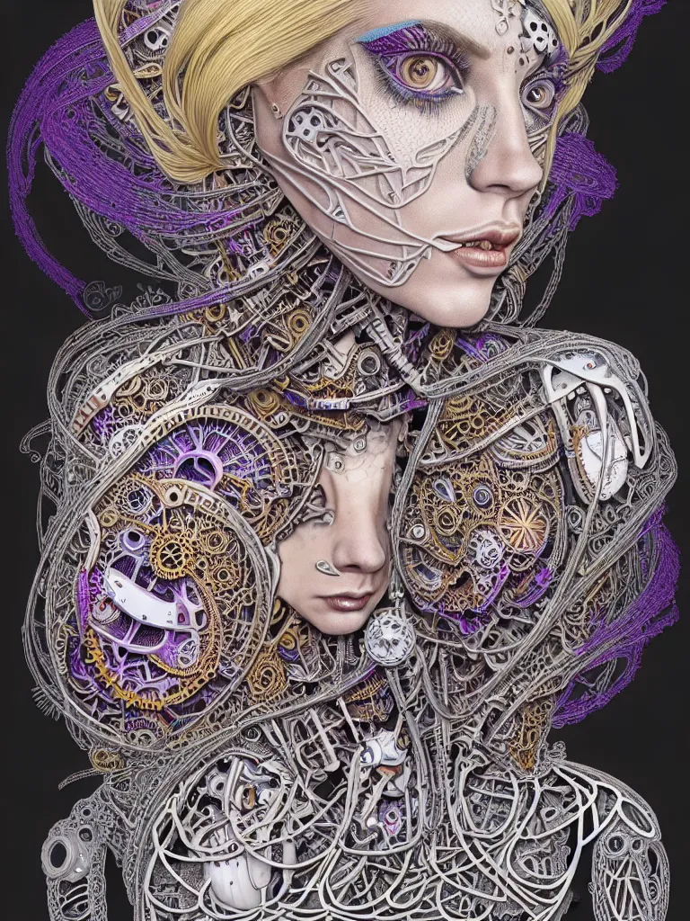 Prompt: full colour beautiful biomechanical female blonde dreadlock cyborg, realistic skin, geometrical octagonal lace tattoos, alexander mcqueen, art nouveau fashion embroidered, futuristic android jones style steampunk, trippy lsd hippie, craftsmanship, intricate silver filigrees, contrast hexagonal mesh wire, mandelbrot fractal mandala, alex grey, giger, hyperreal, photorealistic