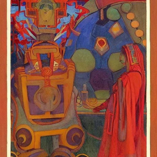 Image similar to the little robot queen in her regalia, by annie swynnerton and diego rivera and nicholas roerich, symbolist, dramatic lighting, elaborate geometric ornament, smooth, sharp focus, extremely detailed, leo and diane dillon, adolf wolfli, soft pastel colors