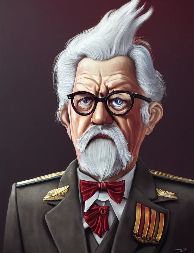 Image similar to a portrait of colonel sanders as a dictator, by moebius and tyler edlin and hr giger, trending on artstation, digital art, 4 k resolution, detailed, high quality, sharp focus, hq artwork, coherent, insane detail, concept art