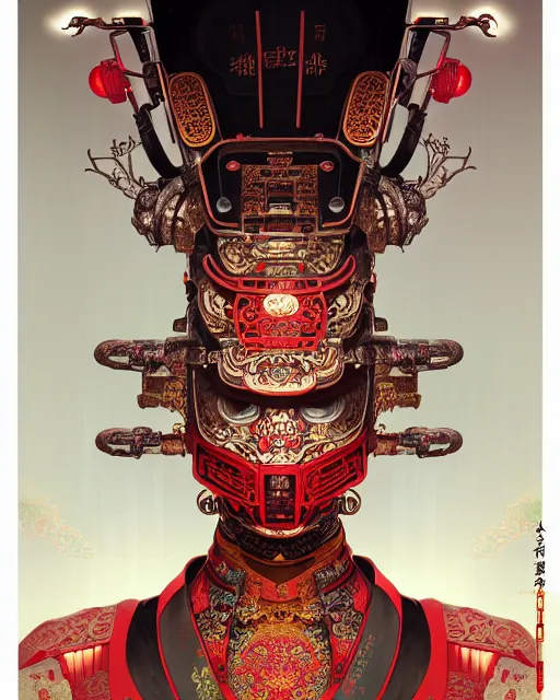 Image similar to portrait of a chinese cyberpunk machine, machine face, upper half portrait, decorated with chinese opera motifs, regal, asian, fine china, wuxia, traditional chinese art intricate intense elegant 京 剧 highly detailed digital painting artstation concept art smooth sharp focus illustration, art by artgerm and greg rutkowski alphonse mucha 8 k