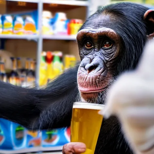 Image similar to a chimpanzee drinking beer in a corner shop
