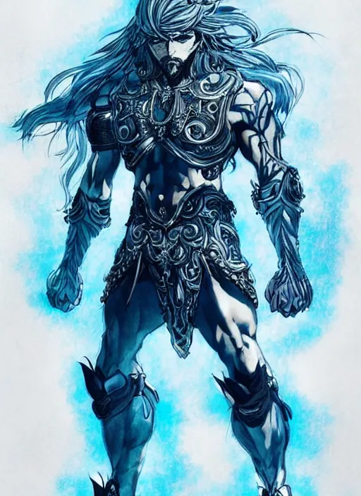 Image similar to Full body portrait of god with long silver hair, half man half wolf, wearing ornate pale blue attire. In style of Yoji Shinkawa and Hyung-tae Kim, trending on ArtStation, dark fantasy, great composition, concept art, highly detailed, dynamic pose.