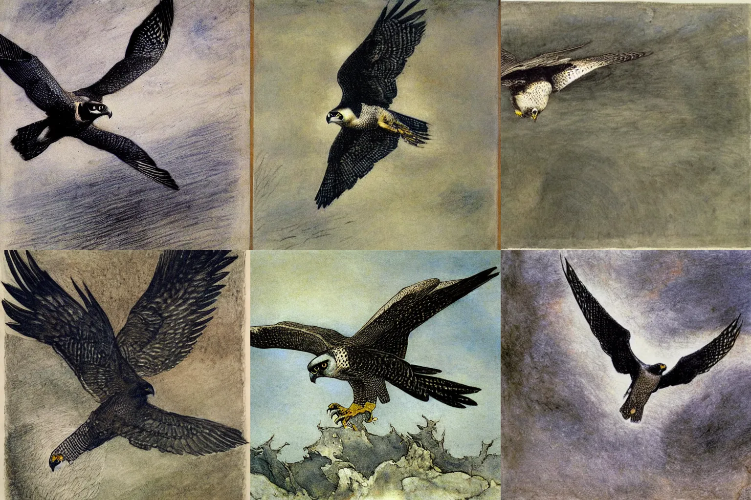 Prompt: a peregrine falcon flying in a widening gyre, painting by arthur rackham and fernand khnopff