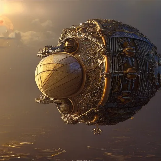 Prompt: enormous flying city in a faberge egg, sky, steampunk, fantasy art, masterpiece, unreal engine, intricate