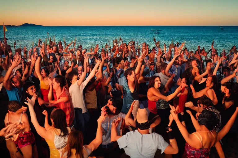 Image similar to everyone dancing at a party at the beach, drinking, food, bar, music, resort, praising the sun, golden hour, cinematic, atmospheric, 8k resolution, Hyperrealistic