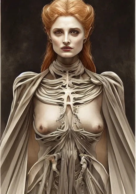 Image similar to sansa angeline jolie gessica chastain mummy skeleton goddess of death, intricate, elegant, highly detailed, digital painting, artstation, concept art, smooth, sharp focus, illustration, art by artgerm and greg rutkowski and alphonse mucha and william - adolphe bouguereau