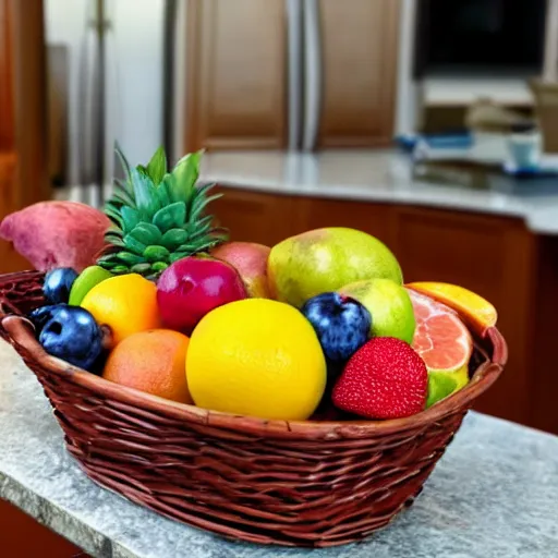 Prompt: a fruit basket on top of a kitchen table, 2700K