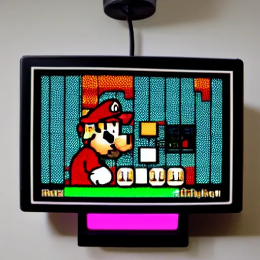 Image similar to a lamp playing Mario on the nes