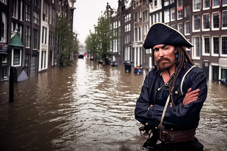 Prompt: closeup potrait of a pirate on a ship in a flooded amsterdam street, photograph, natural light, sharp, detailed face, magazine, press, photo, Steve McCurry, David Lazar, Canon, Nikon, focus