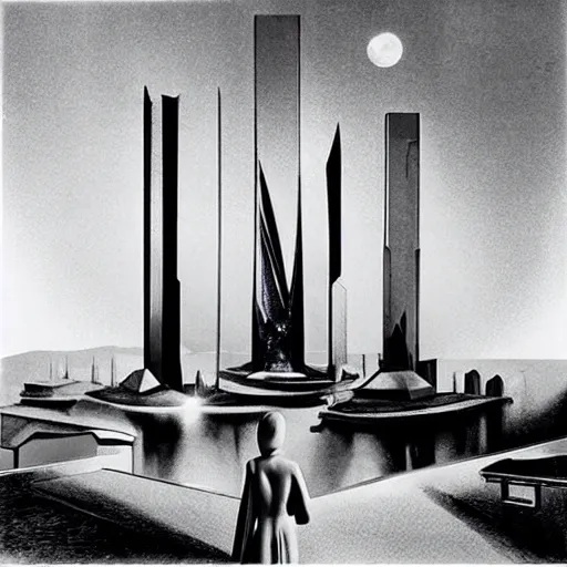 Prompt: “raven in-front of an futuristic glass city, moon, art deco, 1950’s, glowing highlights, peaceful”