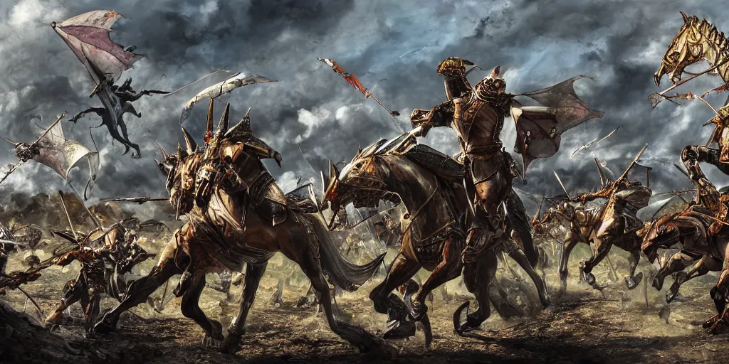 Image similar to detailed digital painting of a battle scene, mounted knights fighting against a dragon from the computer game master of magic ( 1 9 9 4 ), cinematic shot, very detailed, unreal engine, hyper realism, realistic shading, cinematic composition, blender render, octane render, hdr, detailed textures, photorealistic, very wide shot, 1 6 mm lens