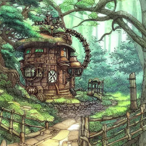 Image similar to Studio Ghibli steampunk cottage in the woods by a stream by Hayao Miyazaki