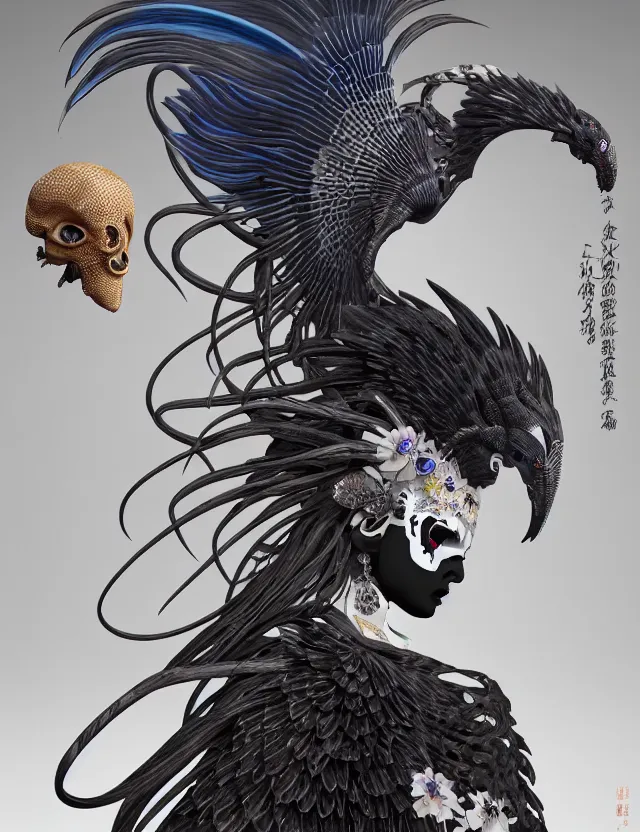 Image similar to 3 d goddess of death close - up profile portrait with ram skull. beautiful intricately detailed japanese crow kitsune mask and clasical japanese kimono. betta fish, jellyfish phoenix, bio luminescent, plasma, ice, water, wind, creature, artwork by tooth wu and wlop and beeple and greg rutkowski