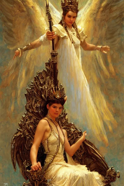 Image similar to full body portrait of seraphim queen astride her throne, highly detailed painting by gaston bussiere, craig mullins, j. c. leyendecker, 8 k, mid shot