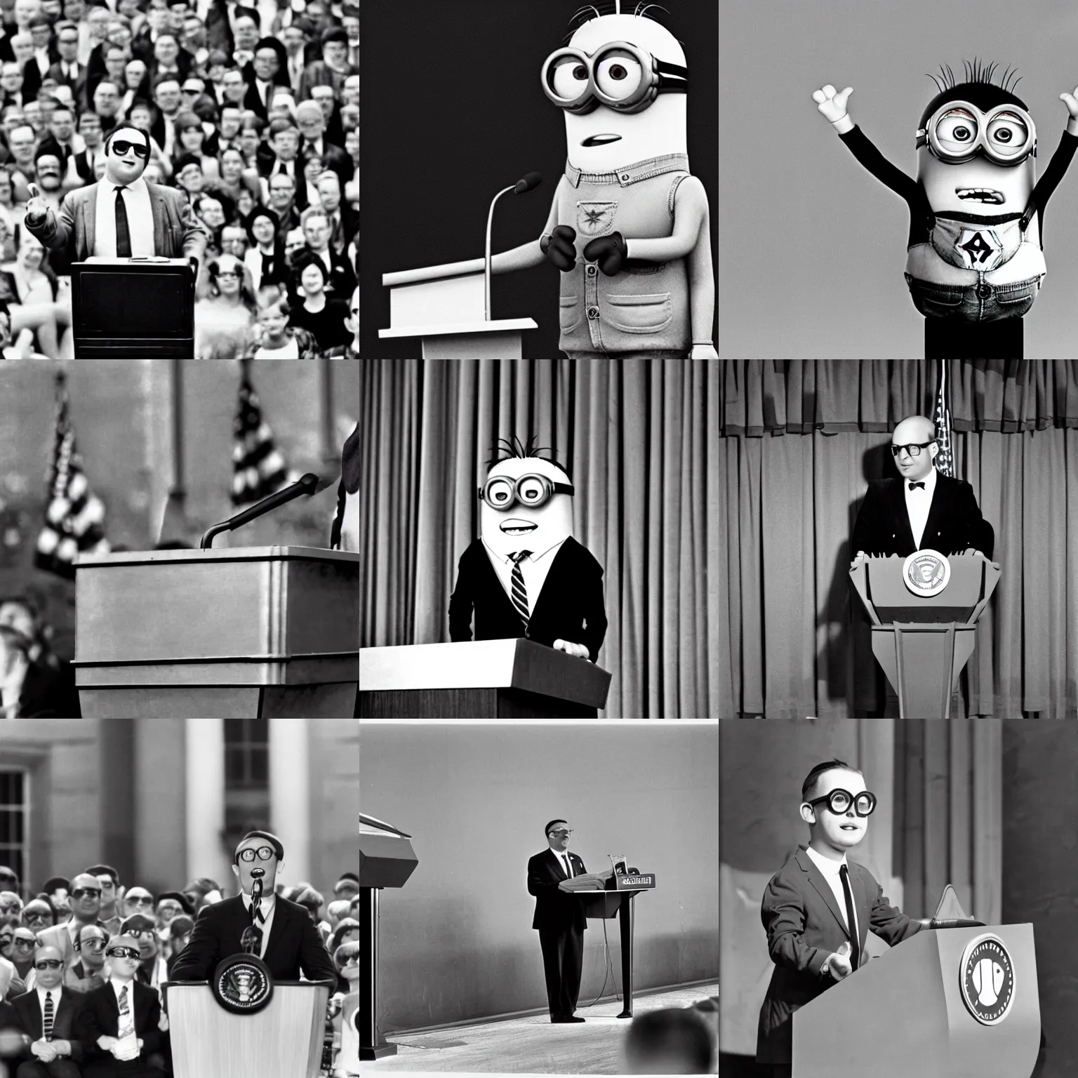 Prompt: a minion from despicable me ( 2 0 1 0 ) as the president of the united states giving a political speech in a lectern, black and white photography, 1 9 6 0 s, historical, high quality