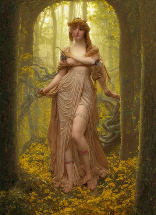 Image similar to intricate oil painting portrait by John William Godward and Anna Dittman depicting a female fantasy cleric in a bright temple surrounded by yellow spring forest and dead trees, evening, atmospheric lighting, intricate detail, cgsociety, hyperrealistic, octane render, RPG portrait, ambient light, dynamic lighting