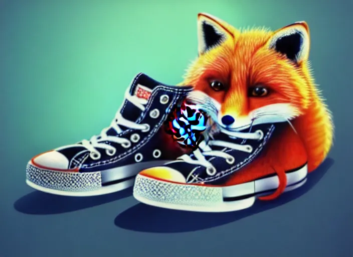 Prompt: highly detailed illustration of cute red fox wearing converse high tops, artstation, cinematic lighting, hyperdetailed, cgsociety, 8k, high resolution, insanely detailed and intricate