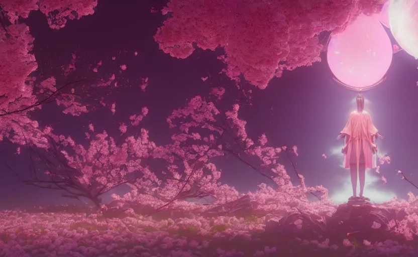 Prompt: goddess of cherry blossoms, Low level, rendered by Beeple, Makoto Shinkai, syd meade, simon stålenhag,, synthwave style, digital art, unreal engine, WLOP, trending on artstation, 4K UHD image, octane render,