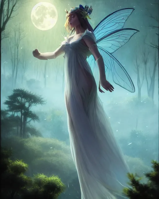 Image similar to attractive fairy goddness fly high in the night, d & d, fantasy, mist, full moon in background, trees, hyper detailed, art by artgerm and greg rutkowski and magali villeneuve, midium shot, 8 k realistic, cryengine, digital painting, trending on artstation, concept art, sharp focus, illustration,