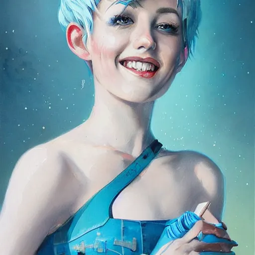 Image similar to a beautiful painting of a smiling woman with stylish short blue hair and sparkling blue eyes, background is a rustic saloon, representative of the art style of artgerm and wlop and peter mohrbacher