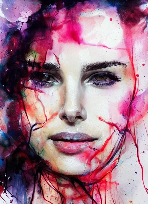 Image similar to vicious smile nathalie portman by agnes cecile, extremely luminous bright design, pastel colours, ink drips, autumn lights