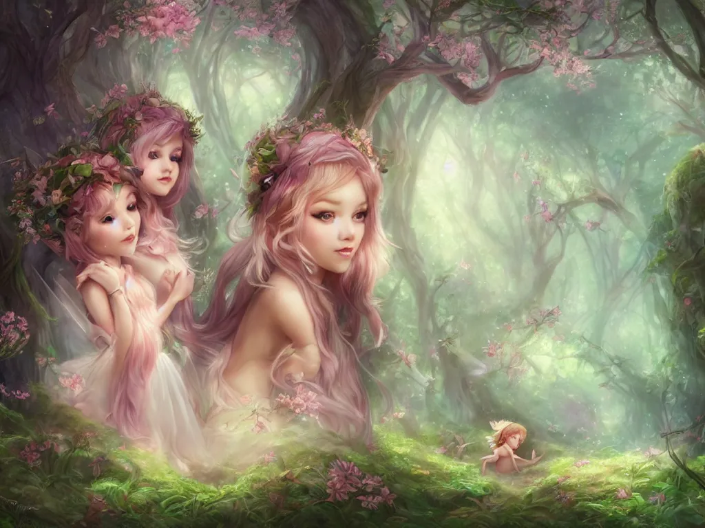 Image similar to two cute fairy in the dreamy forest, fantasy, dreamlike, 8 k resolution, hyper detailed, d & d, character design, digital painting, trending on artstation, sharp focus, illustration, art by artgerm, viktoria gavrilenko, hoang lap, fuji choko, steve zheng