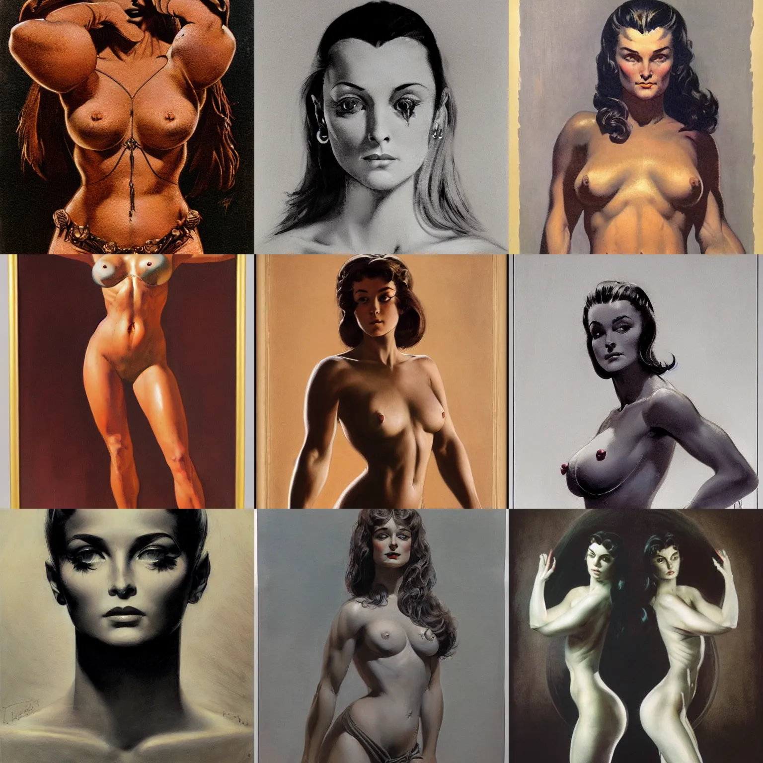 Prompt: frank frazetta portrait of symmetrical female light being, full body, 8 k, realistic, photo real, smooth, sharp, intricate detail, hyper detail, dramatic lighting, dramatic shading