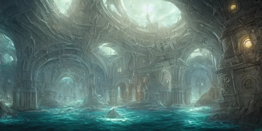 Image similar to underwater city, by role thomas style and giovanni paolo panini style epic, symmetrical, insanely detailed, style of charlie bowater, kelly mckernan, unreal engine render, artstation trends, hyper detail, epic art style, cinematic, concept art