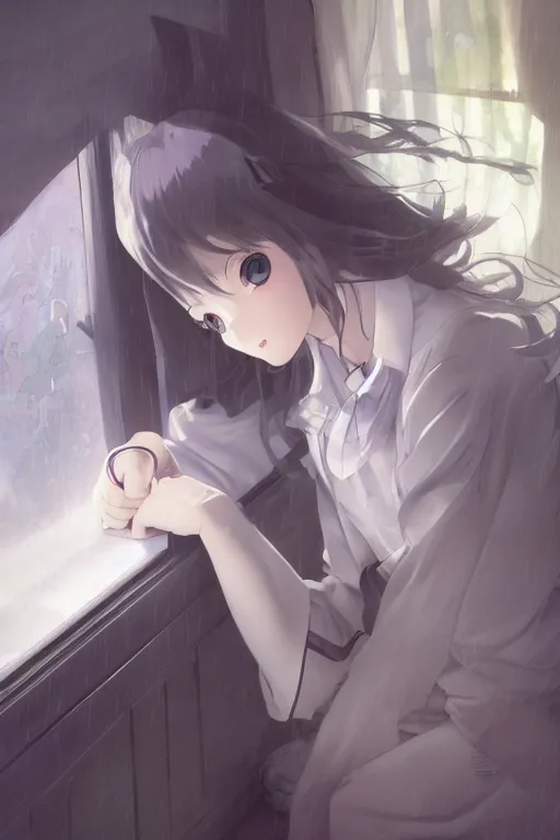 Prompt: a loli in a jk uniform outfit in the bedroom reading a book in a night, raining outside the window, dark and grey theme ， wavy white long hair, by krenz cushart and mucha and akihito yoshida and greg rutkowski and makoto shinkai, detailed eyes, 4 k resolution