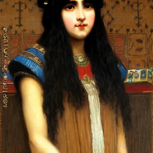 Prompt: orientalist portrait of a woman with thick black bangs selling carpets at market intricate artwork by john william waterhouse and Edwin Longsden Long and Theodore Ralli and Henryk Siemiradzki. trending on artstation, very coherent symmetrical artwork high detail 8k