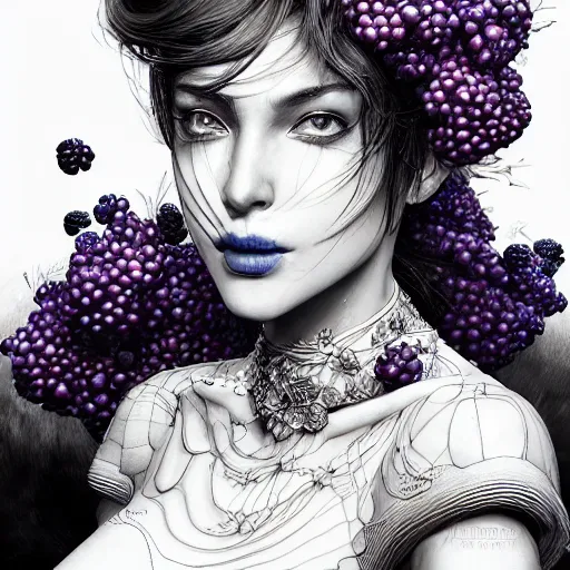 Image similar to the face of an absurdly beautiful, graceful, elegant, sophisticated woman made of blueberries and blackberries, an ultrafine hyperdetailed illustration by kim jung gi, irakli nadar, intricate linework, bright colors, octopath traveler, final fantasy, unreal engine 5 highly rendered, global illumination, radiant light, detailed and intricate environment