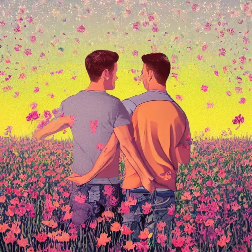 Image similar to a gay couple together in a field of flowers at sunset, realistic, intricate, 4k