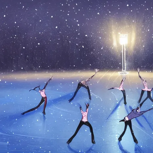 Image similar to figure skater performing spiral move under the spotlight on the ice with snowy winter landscape background detailed magical realism digital painting volumetric lighting 4k